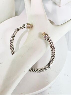 STUNNING VINTAGE Silver Twisted Cable Crystal-Accented Cuff Bracelet